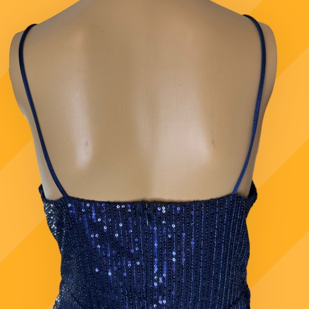 Double Crazy Blue Sequin Mini Dress Large L Lined Sleeveless Stretch V-Neck - Picture 6 of 16